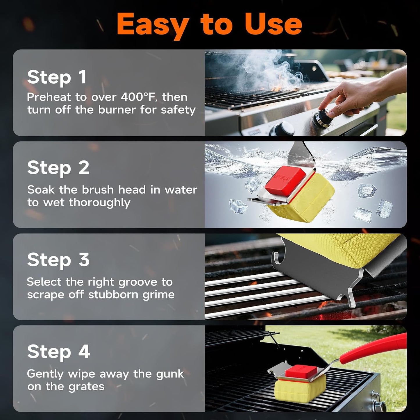 Bristle Free Grill Brush with Scraper for Outdoor Grill Cleaning, Safe Steam BBQ Grill Cleaner, Replaceable Head, Grilling Accessories for Cast Iron, Stainless Steel, Porcelain, Ceramic Grates - Black