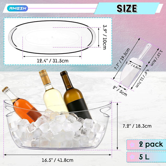 2 Pcs Ice Bucket, 5L Beverage Tub with Scoops, Clear Ice Buckets for Parties, Portable Drink Cooler for Cocktail Bar, Champagne Bucket for Beverage/Wine/Beer, Mimosa Bar Supplies Chiller Tub