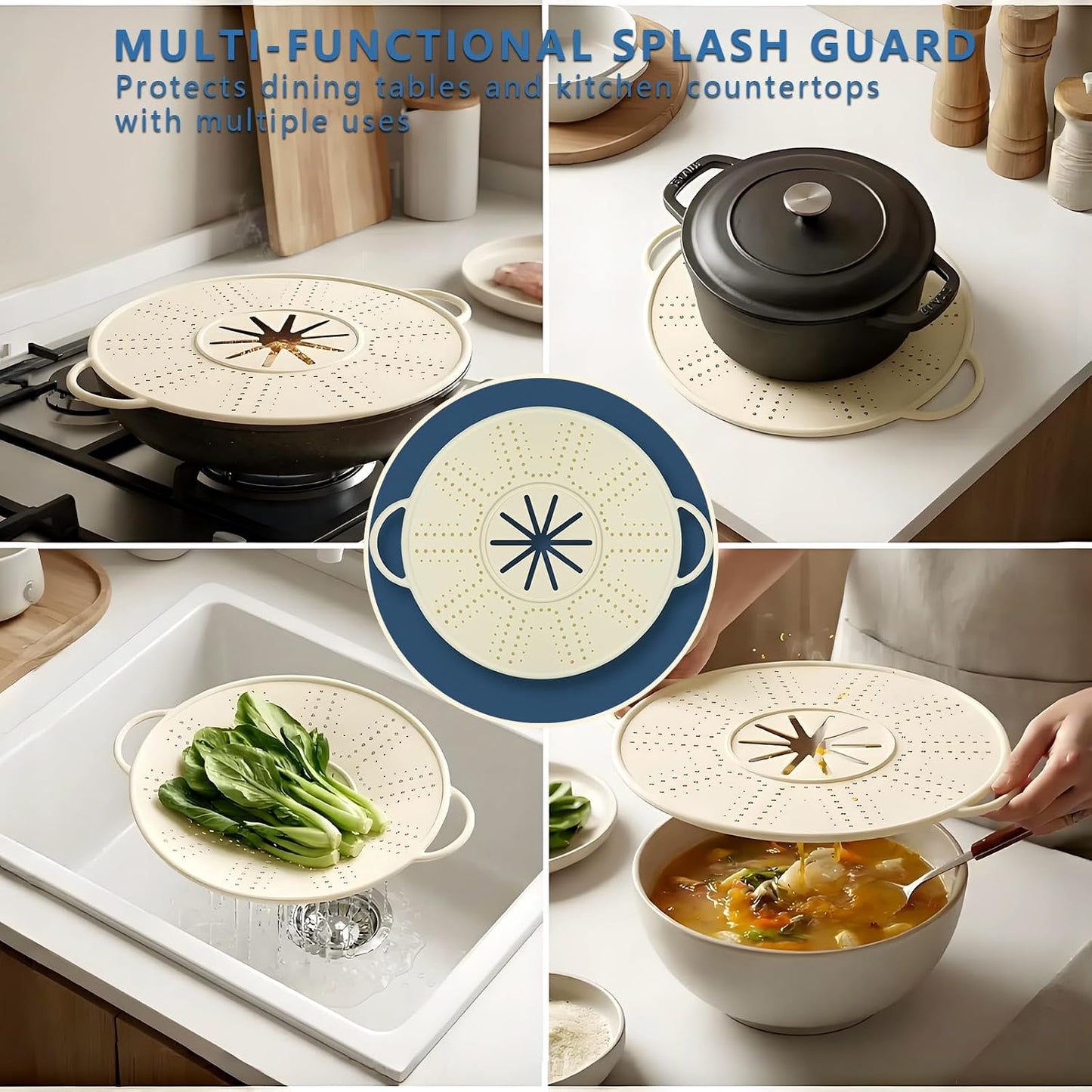 Silicone Splatter Screen for Frying Pans, Oil Splash Guard Cover with Strainer Holes & Heat Resistant Mat, Fits Most Stovetop Pans Non-Fold Lid
