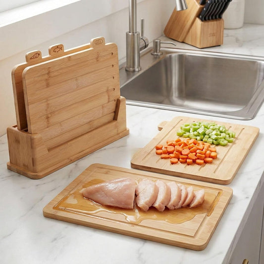 Bamboo Cutting Boards with Holder, Wooden Cutting Board Set for Kitchen, Non-Slip with Juice Grooves and Icons, Includes 2 Dishcloths