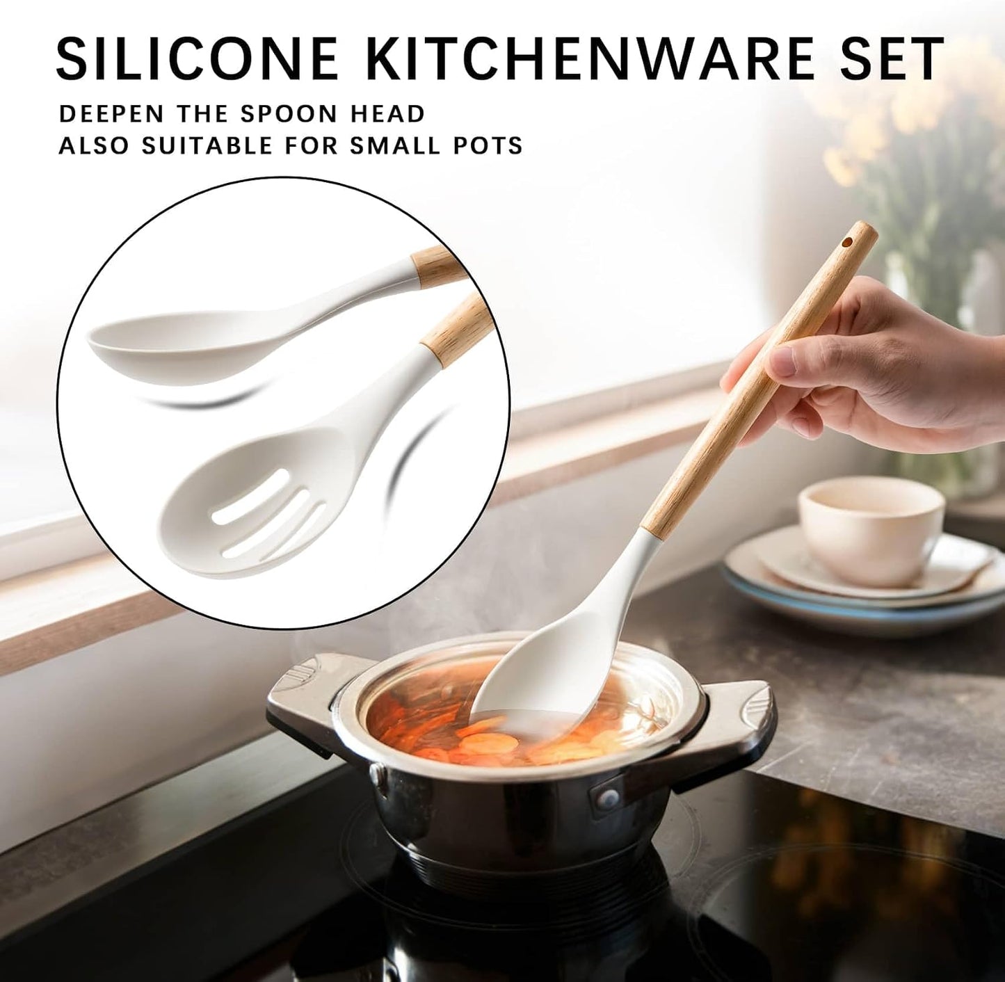 Silicone Cooking Utensils Set with Wooden Handles, 4-Piece Spatula Set and Spoon Rest — Heat Resistant, Non-Stick Kitchen Utensils, Silicone Spoons for Cooking, Multi-Purpose Spatula Spoon