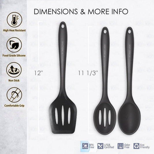 Silicone Nonstick Utensils, Set of 3, Black, Silicone Cooking Utensils Set, Turner/Spatula and Spoons - Heat Resistant, Nonstick Cookware, Dishwasher Safe