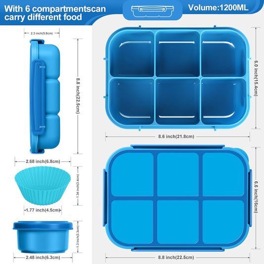 Amathley Lunch Box Kids Girls Boys,Bento Box Adult,Toddler Lunch Containers for School,Leakproof Snack Containers with 6 Compartments,Sauce Container,10 Food Picks and 4 Muffin Cups (Green)