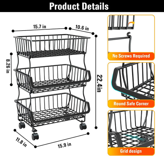 Gsiekare Fruit Vegetable Basket for Kitchen, 5 Tier Stackable Fruit Vegetable Storage Baskets with Wheels, Metal Wire Storage Basket Organizer Baskets for Kitchen, Pantry, Bathroom