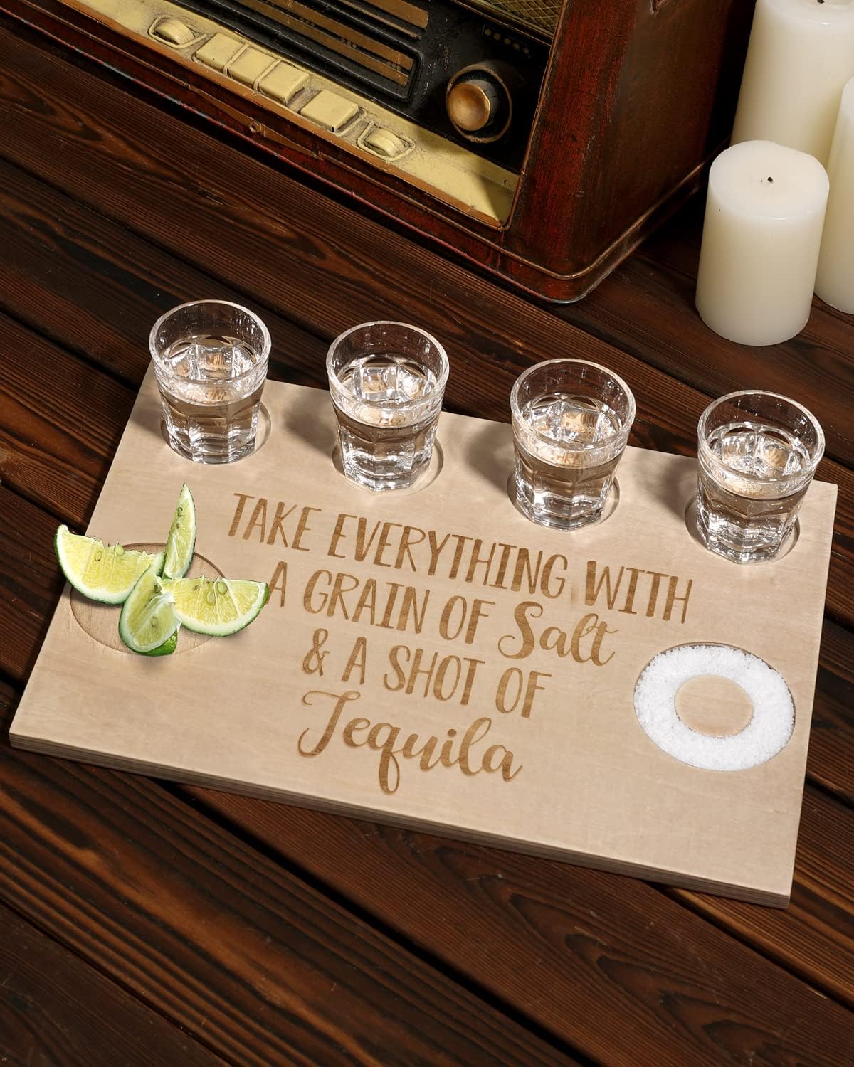 Tequila Gifts for Women and Men - Shot Board and Glass Holder Wooden Bar Tray with Salt Rim - for Liquor, Parties, Weddings, Housewarmings