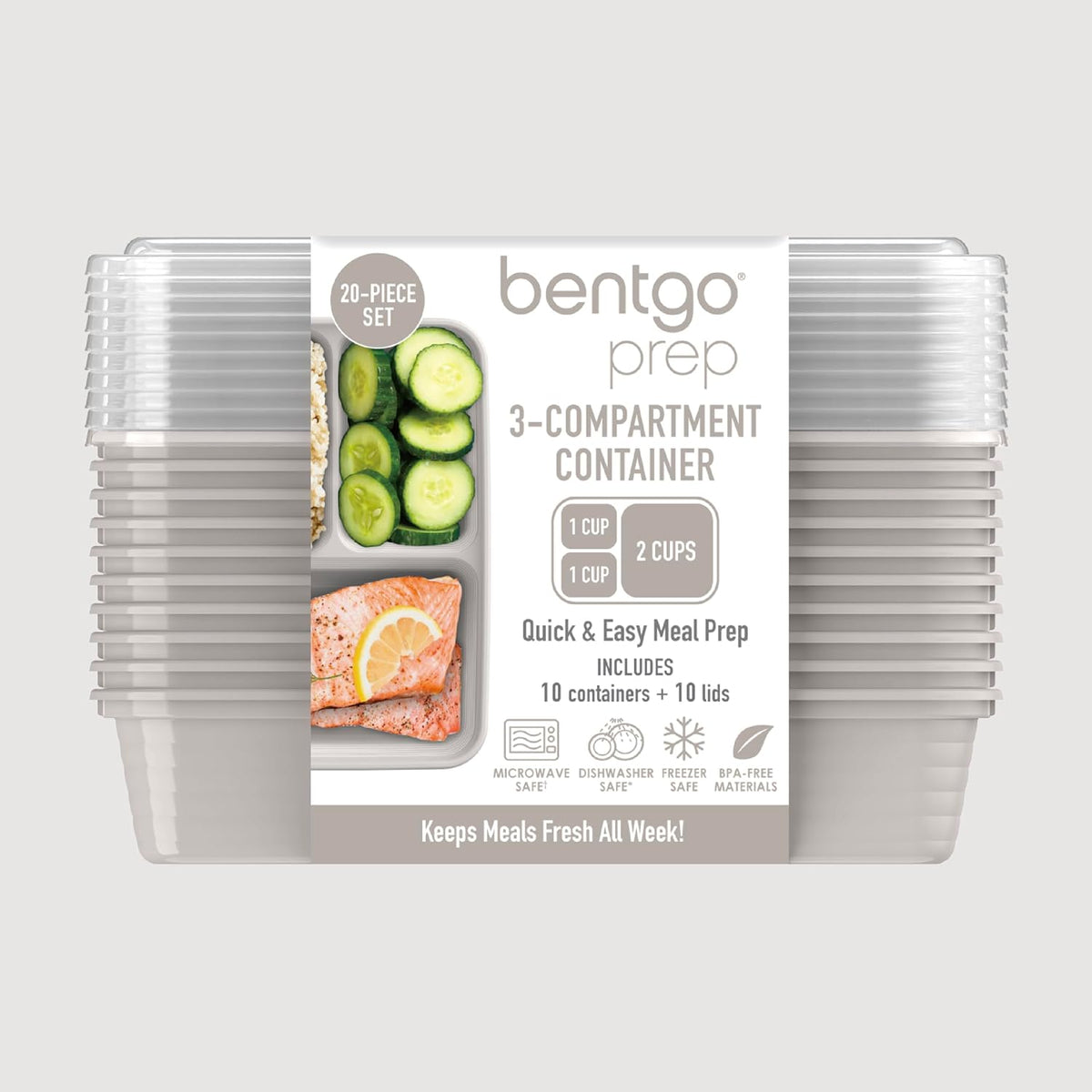 Bentgo Prep 3-Compartment Meal Prep Containers with Lids, 20 Piece Set