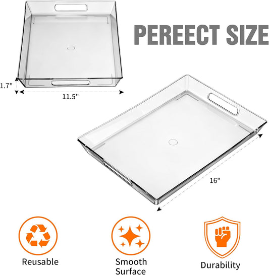 Clear Plastic Serving Tray with Handles, BPA-Free Storage Organizer Tray - Large Serving Trays 16"x11.5" Reusable Serving Platters for Appetizer, Fruit, Kitchen, Desk & Serving Tray for Party Supplies