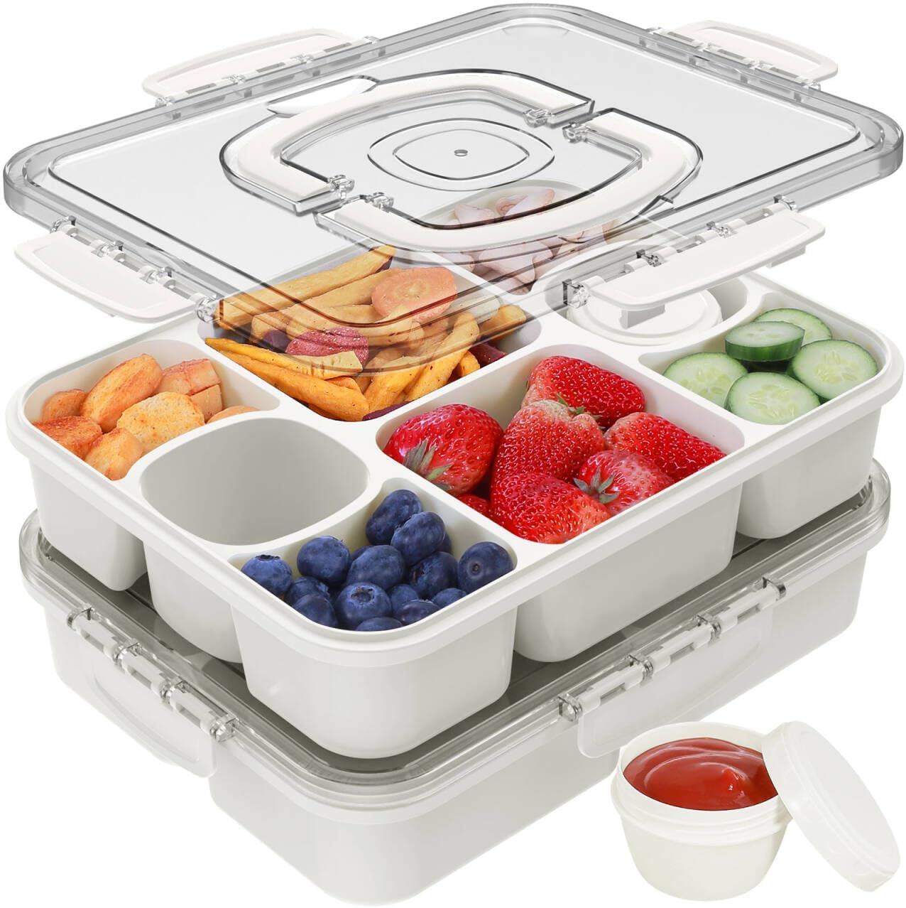 Caperci Snackle Box Container with 2 Sauce Cups - Large 8-Compartment Divided Serving Tray with Lid & Handle, Portable Snack Tray for Travel, Hold 10 Cups, Leak-Proof, Dishwasher Safe, BPA-Free