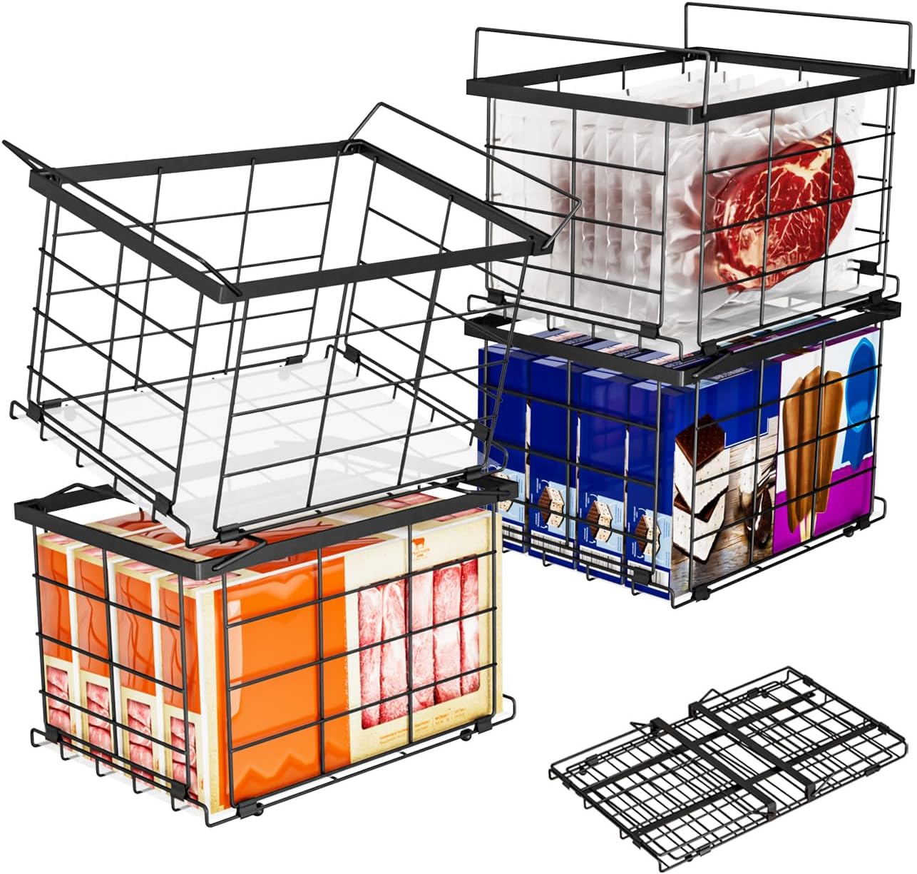 Freezer Organizer Bins, Upgrade Quick Expand/Collapse Feature, for 3.5 Cu.Ft Deep Freezer, 3 Pack Stackable Deep Freezer Organizer Bins, Black Wire Foldable Baskets with Handles (Black 3 Pack)