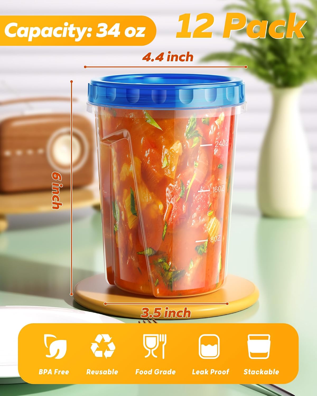 6 Pack-24 oz Freezer Storage Containers, Plastic Food Storage Containers with Twist Top Lids, BPA Free and Reusable Soup Containers with Lids, Leakproof/Microwave/Dishwasher Safe