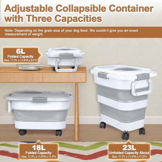 Dog Food Storage Container,10-25 lbs Airtight Collapsible Cat Food Storage Container with Attachable Wheels, Portable Handle, Dog Food Scoop for Dog Cat Bird Pet Dry Food Storage Bin Light Grey