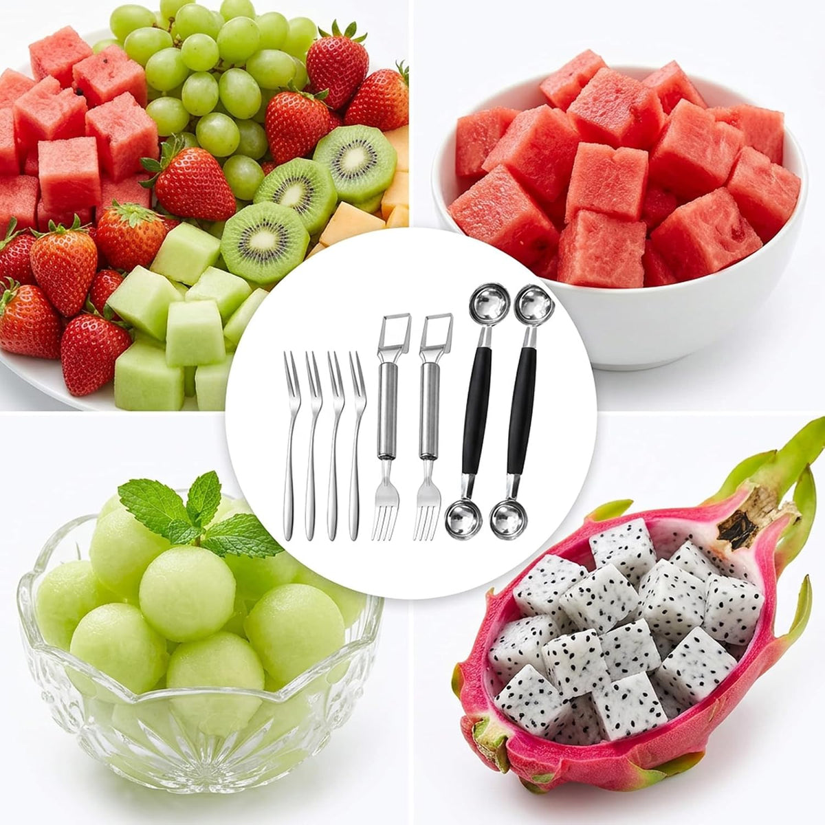8PCS Melon Baller Scoop Set, Watermelon Slicer Cutter Tool with Fruit Fork, Stainless Steel Kitchen Utensil Set for Fruit Preparation, Includes 4 Fruit Forks and 4 Watermelon Slicers