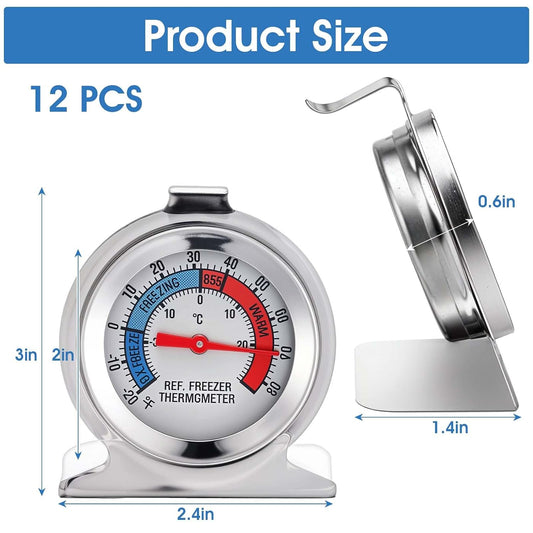 12 Pack Stainless Steel Refrigerator Freezer Thermometer Large Dial Analog Thermometer for Refrigerator Freezer Fridge Cooler