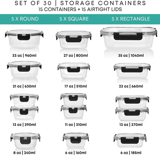 Razab 30 PC Glass Food Storage Containers with Lids - Reusable Glass Meal Prep Containers for Lunch and Leftovers - Airtight & Leakproof Snap Locking Lids - Oven, Freezer, Microwave, Dishwasher Safe