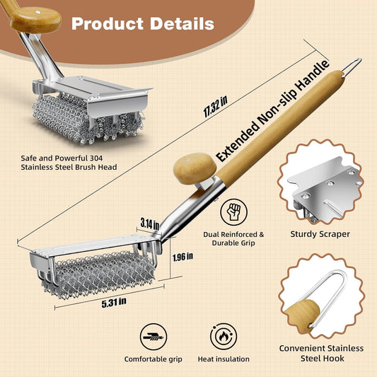 HOUSE AGAIN Grill Brush Bristle Free, 304 Stainless Steel Food-Grade Brush Head with Scraper, Safe BBQ Outdoor Grill Cleaning Brush Strong Barbecue Brush Cleaner Non Wire for Grill Grate/Wooden Handle