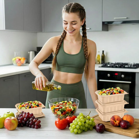 100 Piece (50 Pack) Meal Prep Containers Reusable - 2 Compartment 32 oz Cornstarch Snack Containers with Lids - Plastic Food Storage Salad Containers - To Go Lunch Box - Microwave & Freezer Safe