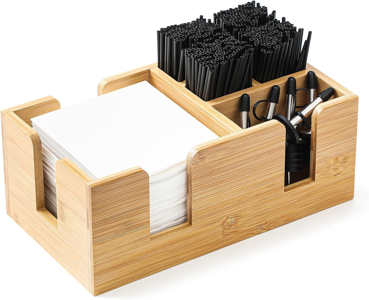 Mifoci Wooden Bar Caddy with 6 Compartments, Acacia Wood Bar Caddy Napkin & Straw Holder Organizer Cocktail Napkin Holder Condiments for Home Office Kitchen Countertop (Brown, 10.6 L x 5.5 W)