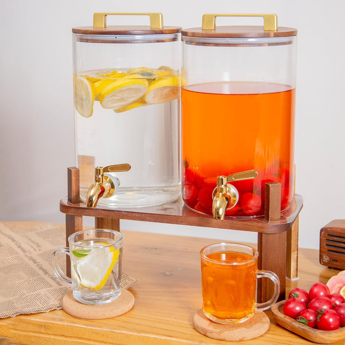 2 PACK 1.5 Gallon Glass Beverage Dispenser with Wooden Lid, Drink Dispenser with Wooden Stand, Lemonade Dispenser with Stainless Steel Leak-Proof Spigot for Parties, Weddings