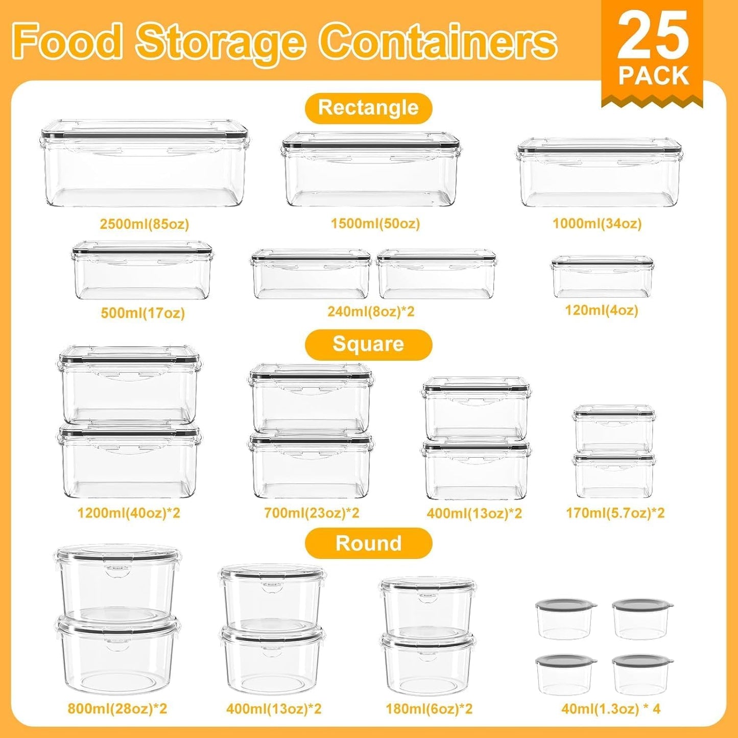 AISOON 40 Pcs 85oz Food Storage Containers with Lids, Airtight BPA-Free Leakproof Reusable Kitchen Containers, Freezer Safe Meal Prep & Pantry Organizer Set, Microwave & Dishwasher Safe