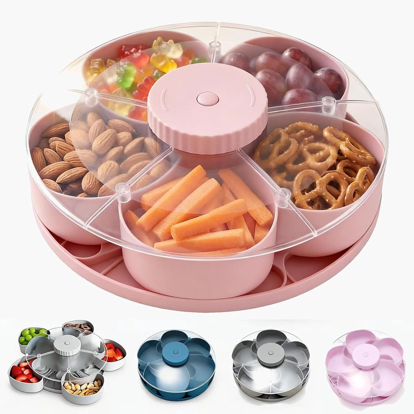 Divided Spin & Snack Serving Tray, Portable Travel Rotating Multi-Compartment Food Organizer with Lid, Party Platter for Chips, Veggies, Fruits, Dips, Nuts (Blue)