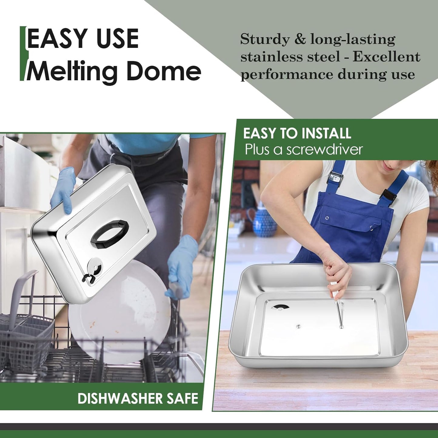 2Pcs Basting Cover Melting Dome for Griddle (13 x 9.8"), Joyfair Rectangular Stainless Steel Cheese Melt Lid for Outdoor Flat Top Grill, Heat-Resistant Handle & Dishwasher Safe (No Vent)