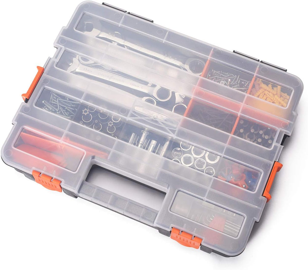 Makitoyo Tool Box Organizers, Interlocking Black Small Parts Organizer for Fasteners, Parts and Crafts w/Removable Dividers, 2 Pieces Pack, Black & Orange,15”L×11.6”W×2.6”H