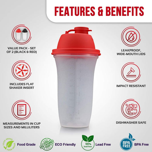 SIGNORA WARE Shaker Bottles | 17-Ounce Plastic Protein Shake Bottle for Meal Replacement Shakes & Smoothies, Beverages, Mixing Salad Dressing & Sauces, Margarita, & More