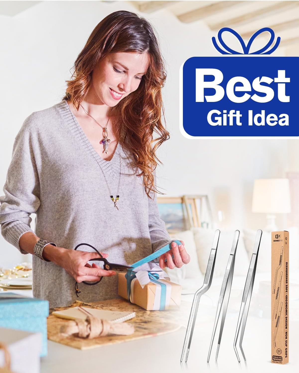 BUNDLEPRO Kitchen Tweezers Tongs with Precision Serrated Tips, 3 Pcs, 10''