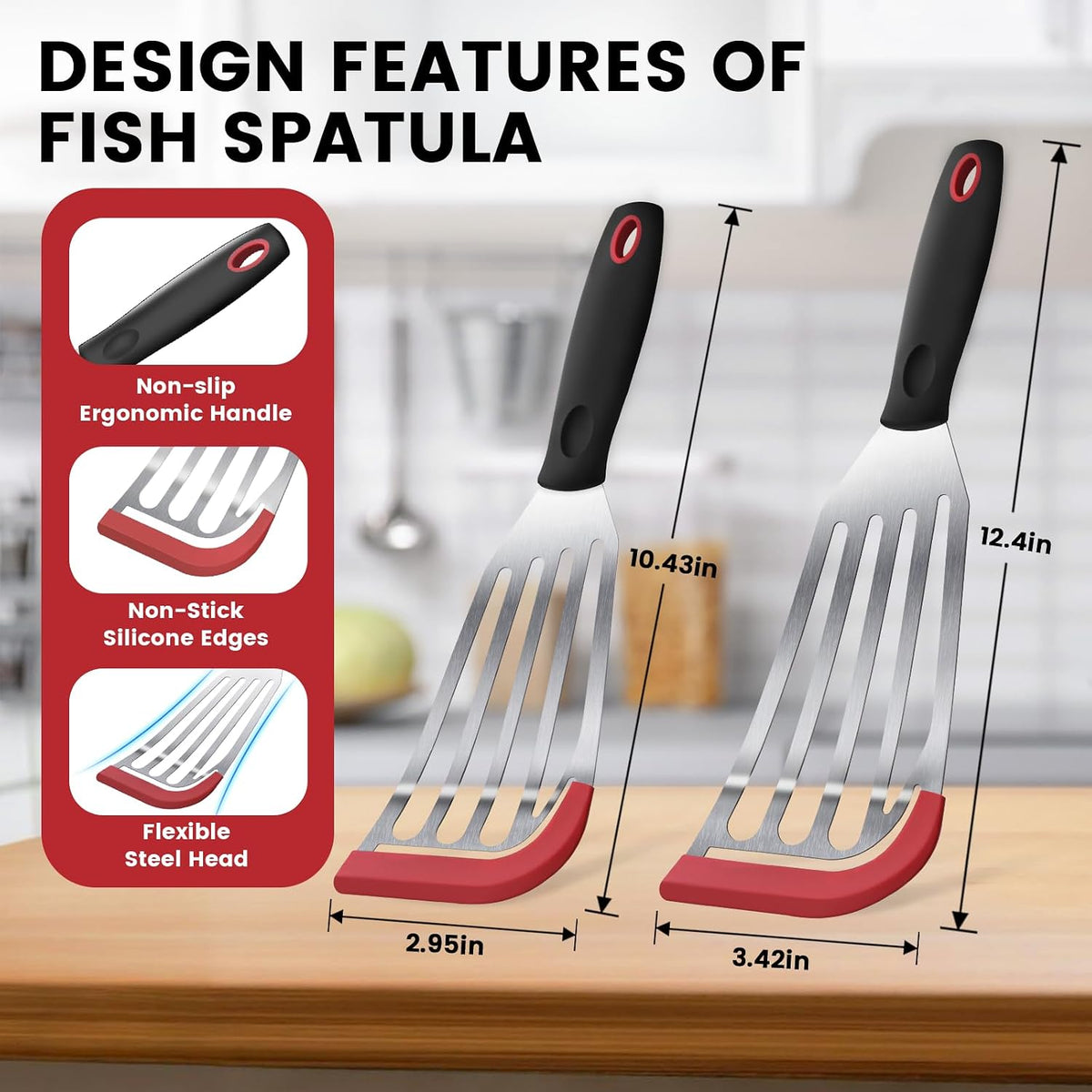 Silicone Fish Spatula, Heat Resistant Silicone Edge for Nonstick Cookware, Fish Turner for Kitchen Use, Flexible and Thin Stainless Steel Cooking utensils, Perfect Slotted Spatula for Egg, Pancake