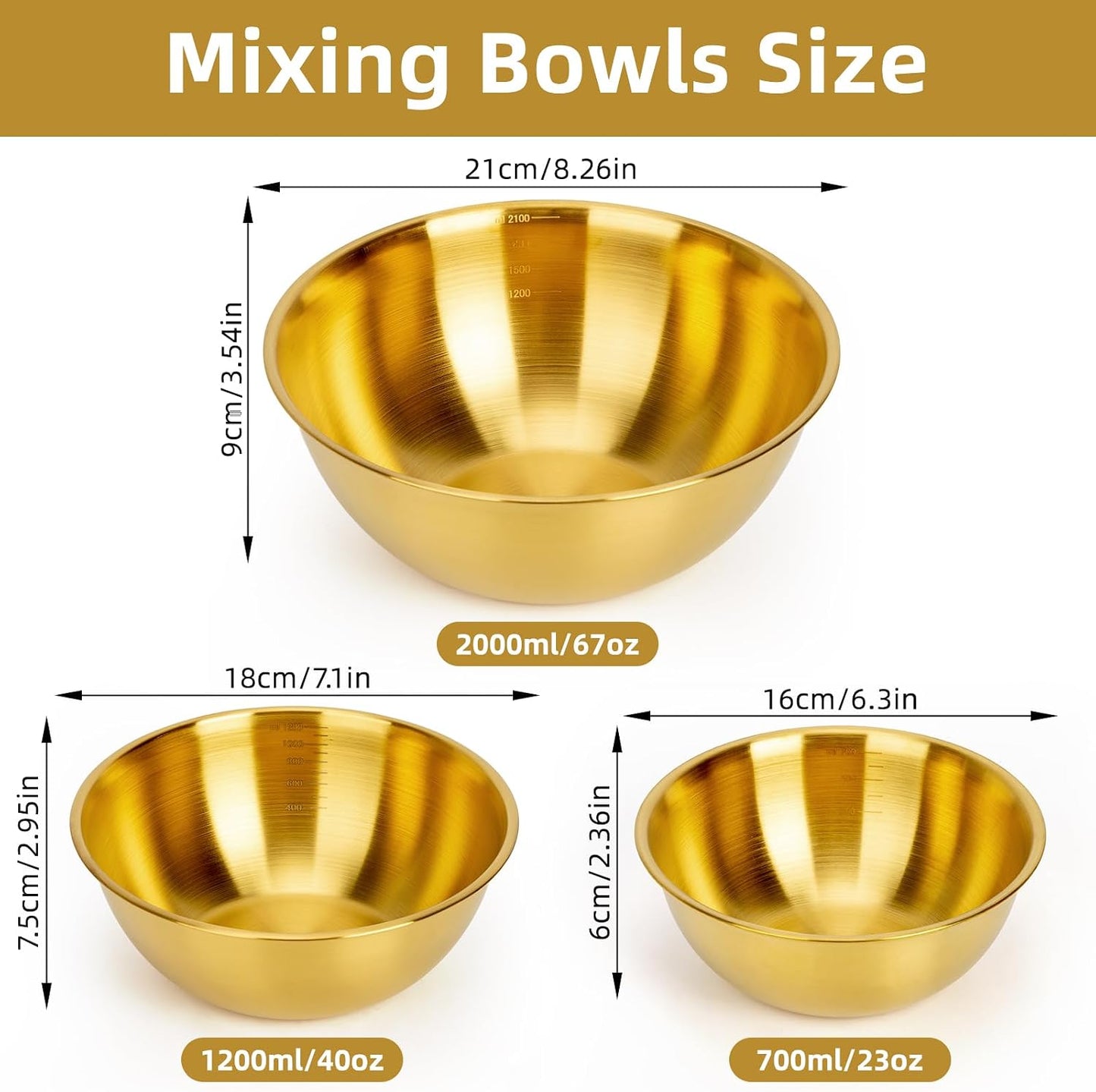 3-Piece Stainless Steel Mixing Bowls (7.1") Metal Bowl Set with Measurement Marks, Dishwasher Safe & Stackable - Perfect for Baking, Salad Making, Meal Prep and Kitchen Use