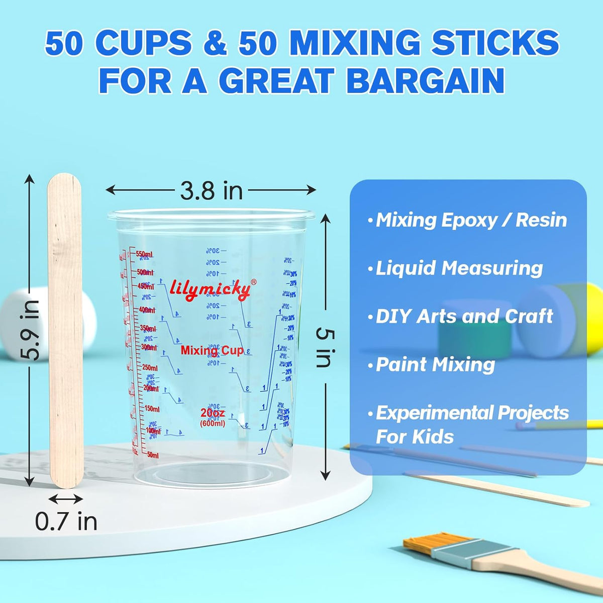Plastic Mixing Cups, 20 oz Measuring Cups with Mixing Sticks