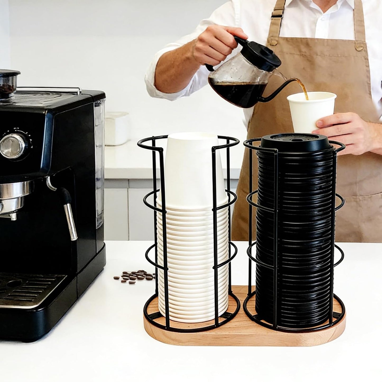 Metal 2-Compartment Coffee Cup Dispenser with Wood Base, Disposable Cup, and Lid Organizer for Countertop, Suitable for Gyms, Offices, Kitchens, Cafes(Black)