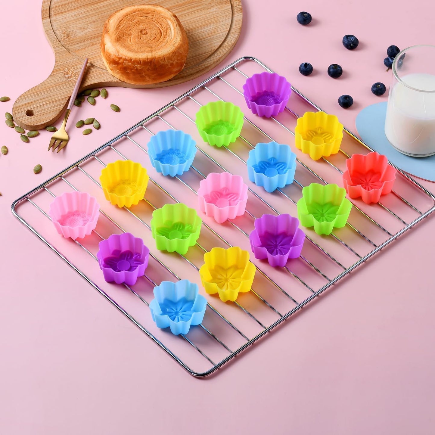 Reusable Silicone Baking Cups, 2 Inch Mini Size Silicone Cupcake Liners for baking, Multi Flower Shapes reusable Muffin Liners, Pack of 42