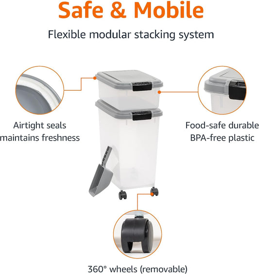 Amazon Basics Airtight Pet Food Storage Container with Scoop, BPA Free, Removable Wheels, 69 QT, Gray