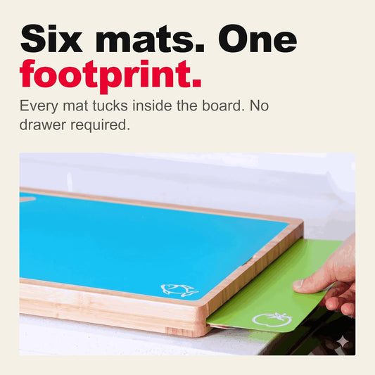 Bamboo Cutting Board Set with 6 Color Coded Flexible Mats Food Icons, BPA-Free Non Slip Easy Clean Cutting Boards for Kitchen with Holder, Dishwasher Safe, Meal Prep & Serving, Large | Cooler Kitchen