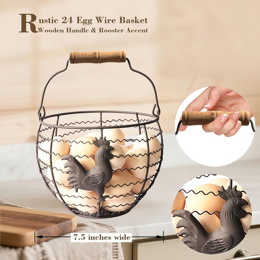 Wire Egg Basket for Gathering Fresh Eggs, Rustic with Rooster & Wood Handle | Vintage, Rusty Metal Open Weave, Backyard Chicken Keepers, Holds 24, Easter/Xmas Gift, Egg Collecting Basket, Kitchen Counter
