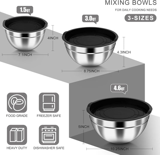 HaWare Mixing Bowls with Airtight Clear Lids, 6-Piece Stainless Steel Strong Nesting Bowls Set, Metal Salad Bowl for Cooking, Prepping, Baking, Serving & Food Storage, Size 4.6, 3, 1.5QT, Khaki