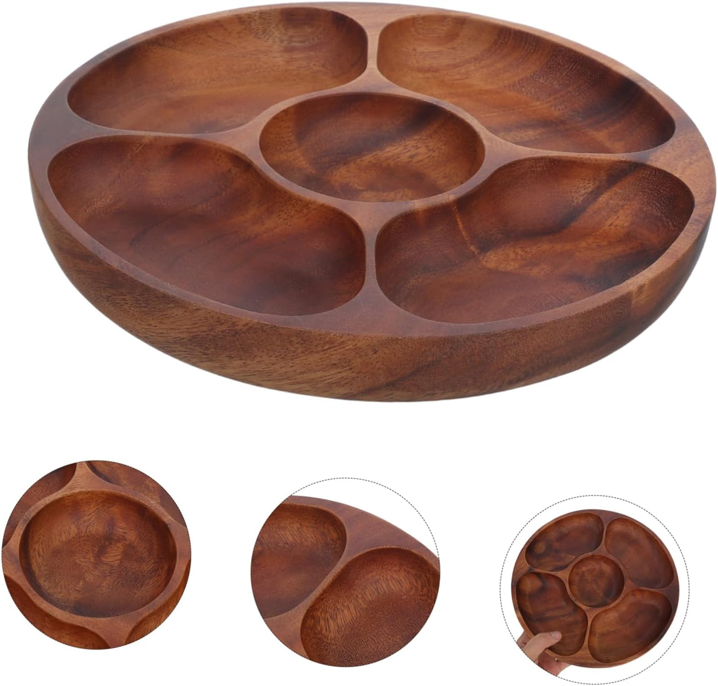 Cabilock Acacia Wood Round Snack Tray Section Serving Platter for Appetizers Fruits and Nuts Stylish Divided Design for Elegant Gatherings Easy to Clean and Maintain