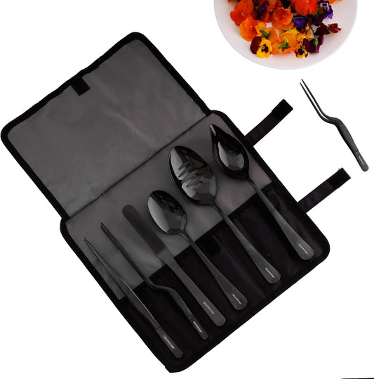 CREATIVECHEF 7 PCS Plating Tools Culinary Set Contains kitchen tweezers spatula Sauce plating spoon(Black)