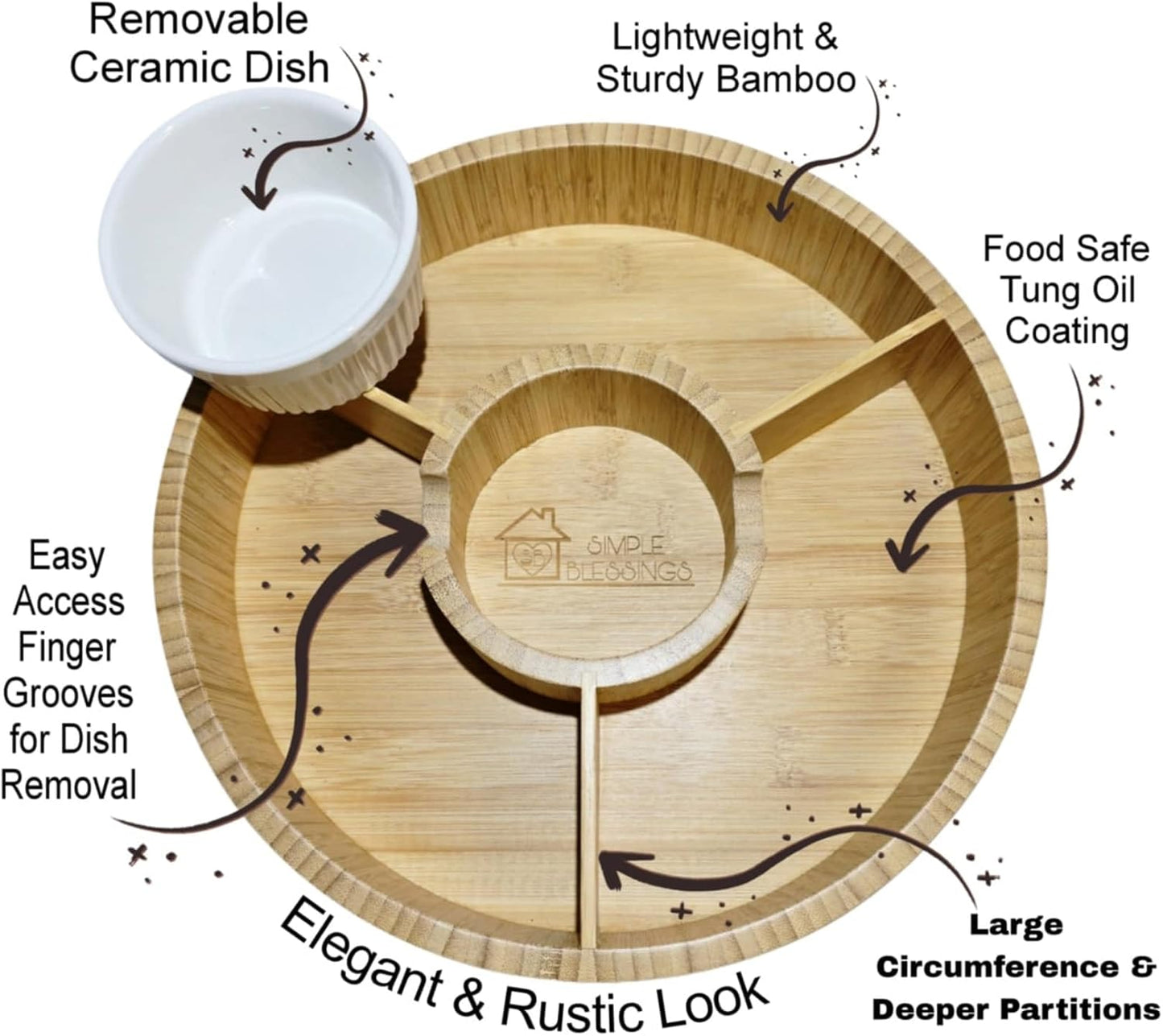 Premium Bamboo Veggie Tray w/Removable Ceramic Dip Bowl- Wooden Serving Platter for Cut Vegetables, Chips, Dips, and Appetizers - Perfect Party Tray for Entertaining (12”)