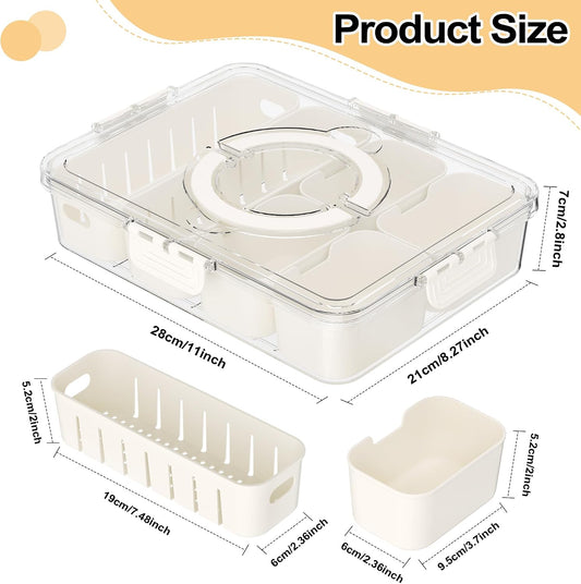 2 Pack Divided Serving Tray with Lid and Handle, 12 Compartments Snackle Box Container, Portable Platter with Drain Trays for Candy Fruit Nut, Road Trip Essentials, Picnic & Party