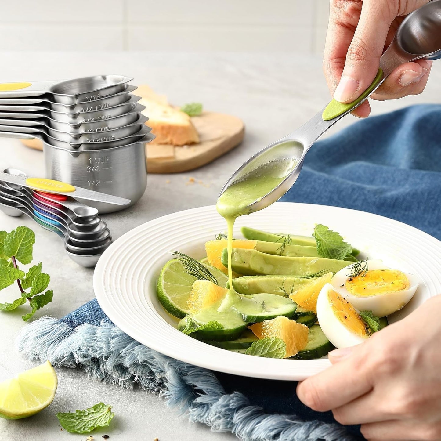 Magnetic Measuring Cups and Spoons Set, N52 Magnetic spoons Nesting Design, 304 Stainless Steel measuring cups, BPA Free, Dual-sided Design Set of 15 with Leveler for Dry & Liquid Ingredients Black