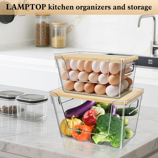 4 Set Stackable Storage Plastic Container with Removable Bamboo Cover | Kitchen Organizers Clear Front Open More Easy Access Bins Storage for Pantry, Potato, Onion, Garlic, Fruits, Vegetable