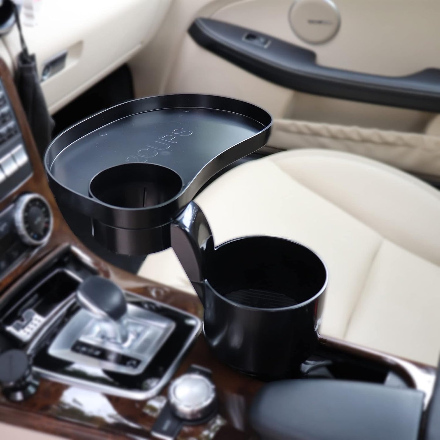 2CUPS Car Cup Holder Expander and Attachable Tray, Fits Yeti/Hydroflasks/Nalgene 16-40 oz. Dual Cup Holder with Adjustable Swivel Tray. Organizer Table for car, Truck, Automotive