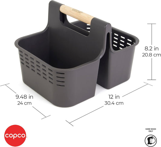 Copco Basics Bathroom and Shower Caddy with Wooden Handle - Charcoal Gray, Dual Compartment Organizer with Ventilation Holes, Portable Tote for Dorm, Home, and Travel Toiletries