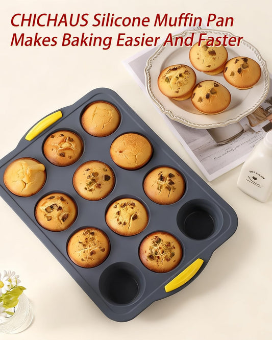 12-Cups Foldable Silicone Muffin Pan with Metal Reinforced Frame - Non-Stick Heat-Resistant Baking Mold for Muffins, Cupcakes, Mini Treats - Easy Storage Silicone Baking Pan, 7-Piece Baking Set