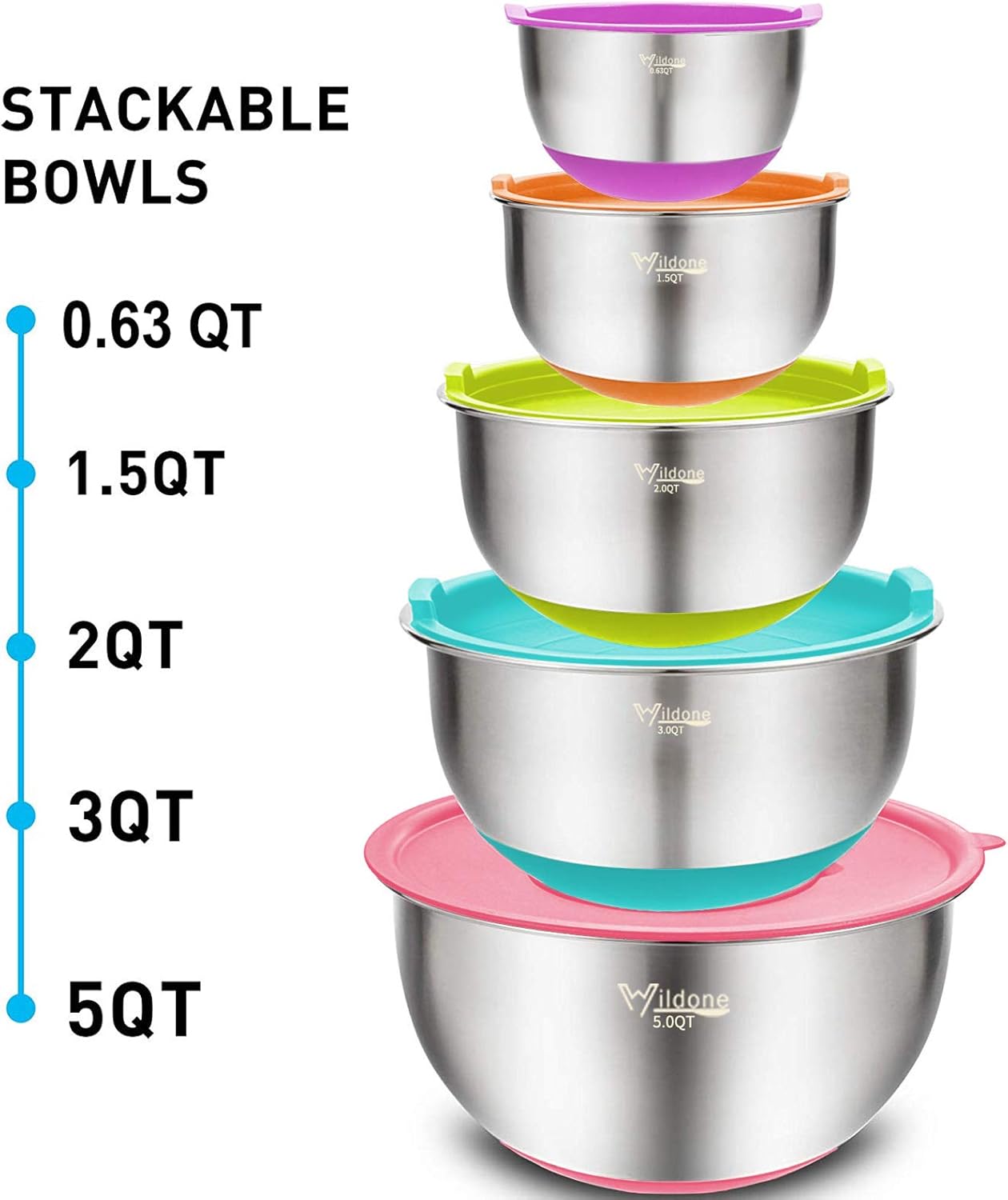 Wildone Mixing Bowls with Airtight Lids Set, 5PCS Stainless Steel Khaki Nesting Bowls for Kitchen, with Grater Attachments & Non-Slip Bottoms, Size 5, 3, 2, 1.5, 0.63 QT, Great for Mixing & Serving