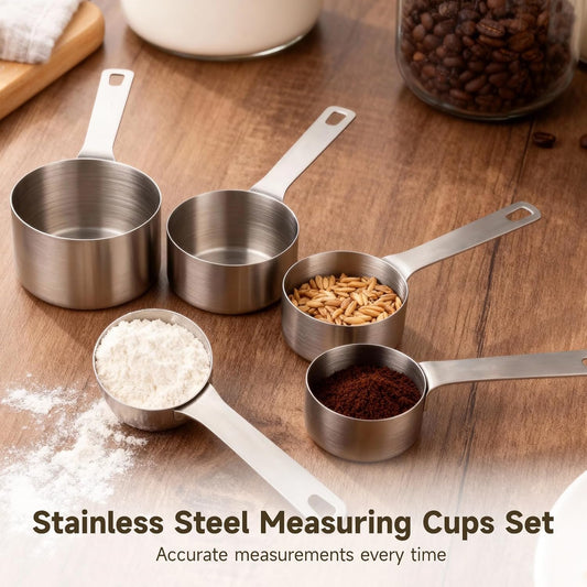 5 Pcs Stainless Steel Measuring Cups Set - Including 1/4, 1/3, 1/2, 2/3, 1 Cup All Clad Flat Bottom Spoons, Long-Term, Easy to Clean, Nesting Design for Kitchen Baking Cooking