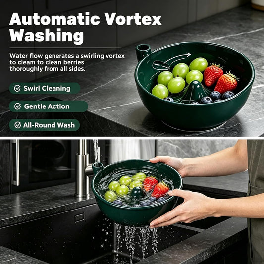 Ceramic Berry Washing Bowl, Swirl Quick‑Drain Colander with Pour Spout, Self‑Rinsing Fruit Strainer for Berries Fruits Vegetables, Dishwasher Safe