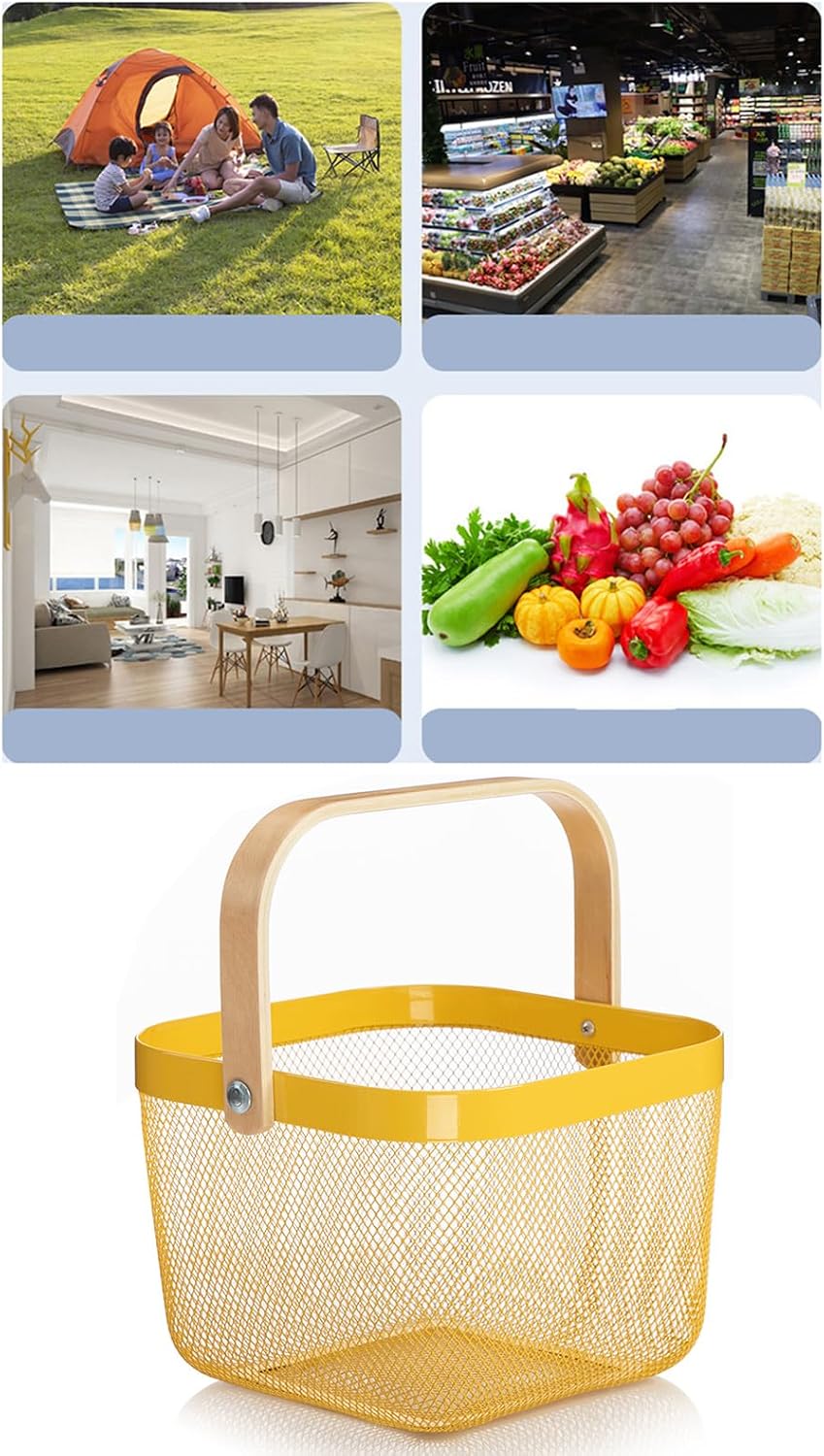 AJIODA Metal Mesh Steel Basket, Storage Organizer Basket Multi-functional Hanging Kitchen Baskets Fruit Basket Bin with Bamboo Handle for Kitchen Bathroom Picnic Shopping Decor Cabinet Home, Blue